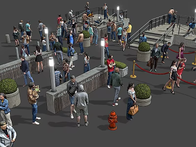 People Gathering In Outdoor Public Area With Stairs Railings Street Lamps Bushes And Fire Hydrant 3d model