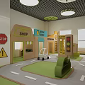 Kindergarten Indoor Play Area With Wooden Shops Traffic Signs Toy Cars And Green Floor
