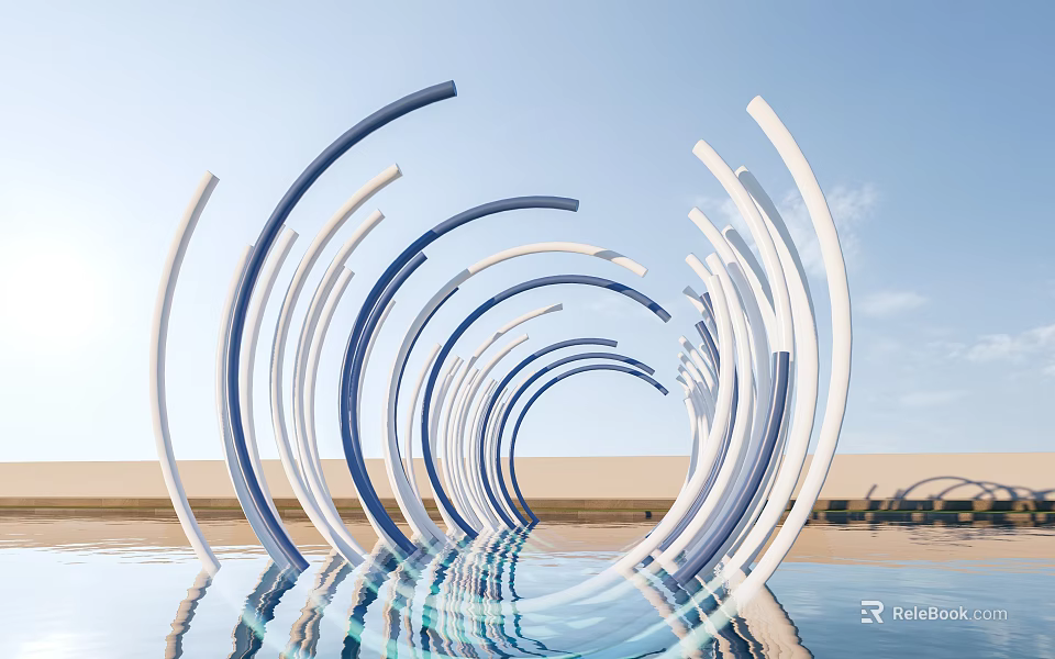 Modern Curved Blue And White Art Installation With Water Reflections And Blue Sky 3d model 