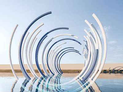 Modern Curved Blue And White Art Installation With Water Reflections And Blue Sky 3d model