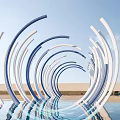 Modern Curved Blue And White Art Installation With Water Reflections And Blue Sky
