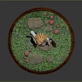 Blonde Female Wearing White Top And Blue Skirt On Grass Base With Pink Flowers Stone Path