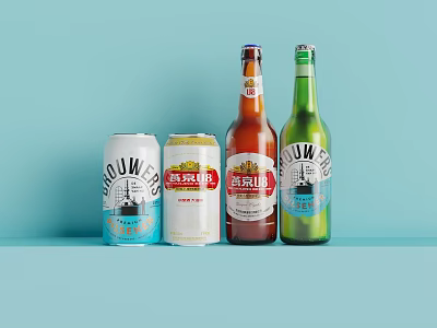 Refreshing Beer Drinks With Cans And Bottles On Light Blue Background 3d model
