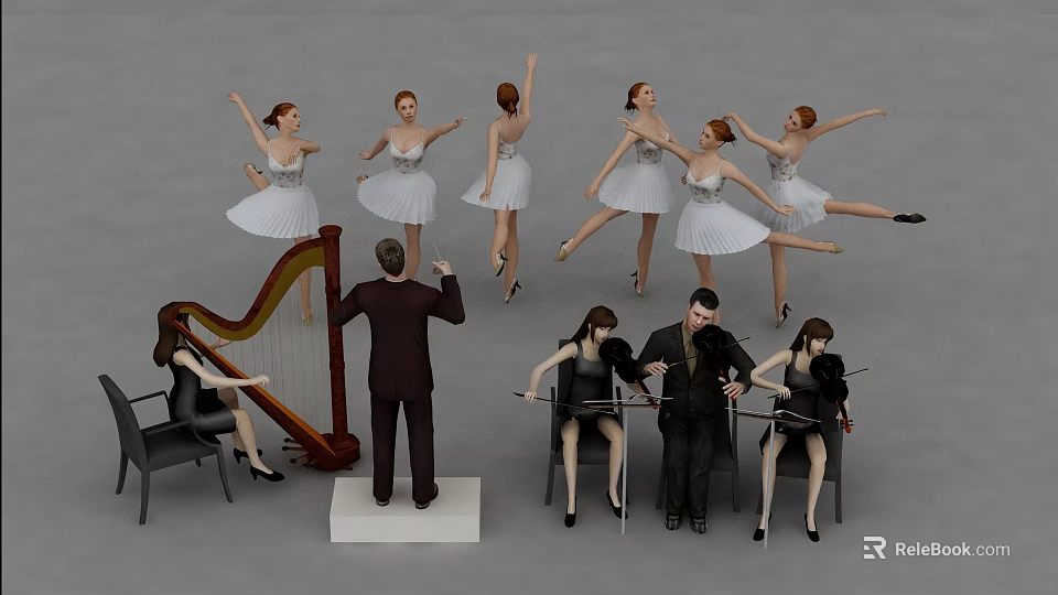 Artistic Group Of Conductor Harpist Ballerinas And String Musicians Performing 3d model 
