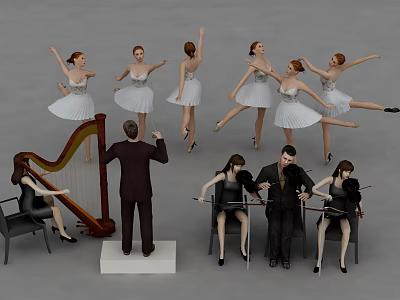 Artistic Group Of Conductor Harpist Ballerinas And String Musicians Performing 3d model