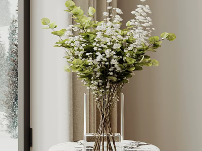 Transparent Glass Vase With White Small Flowers And Green Leaves On White Table Indoor Setting 3d model