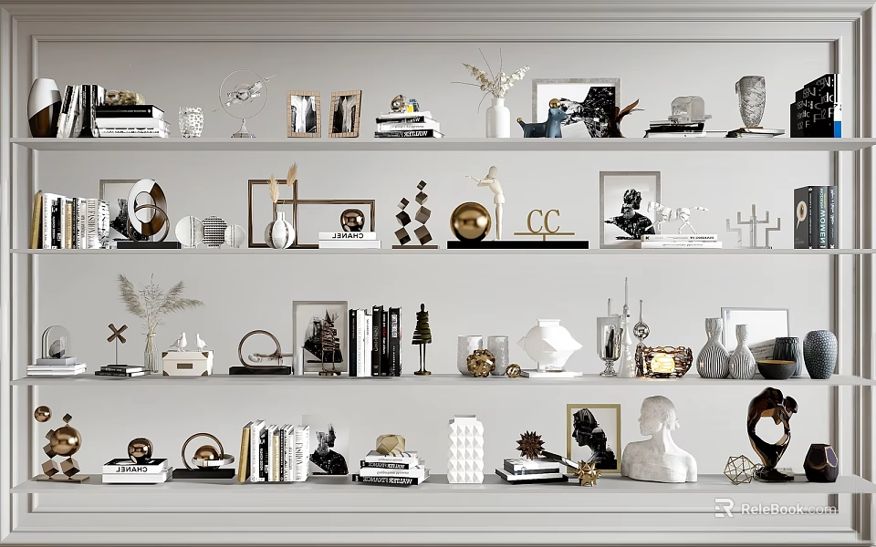 Stylish Decorative Ornaments Set On Shelves With Sculptures Vases Frames And Candle Holders 3d model 
