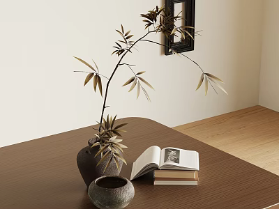 Decorative Ornament Set Including Vase Leafy Branches Open Book Stacked Books Small Bowl On Table 3d model