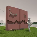 Garden Landscape Featuring Standing Figure Red Book Sculpture Green Grass Tree and Mountain View