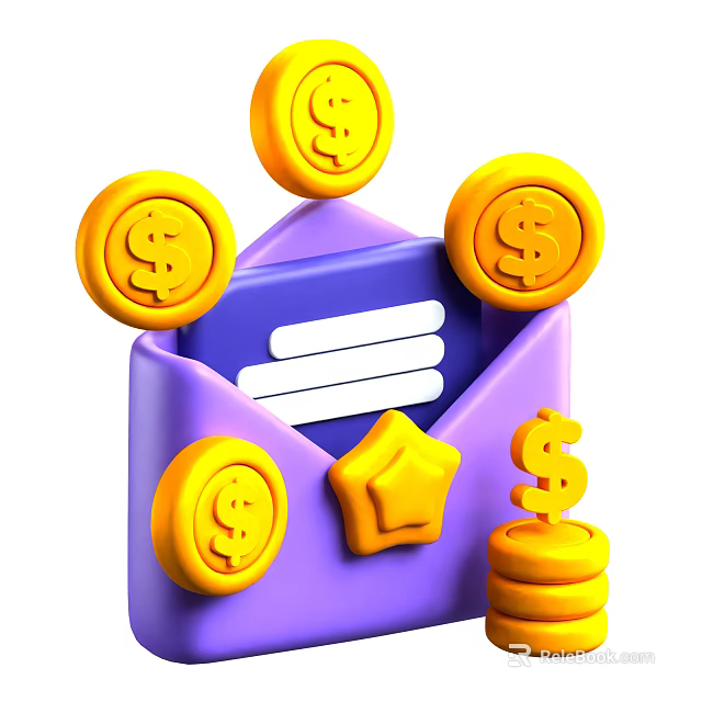 Decorative Ornament Set with Purple Envelope Dollar Coins Star and Stacked Coins 3d model 