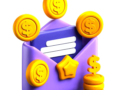 Decorative Ornament Set with Purple Envelope Dollar Coins Star and Stacked Coins 3d model