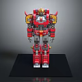 Red And Yellow Detailed Robot Model Standing On Black Base With Mechanical Design