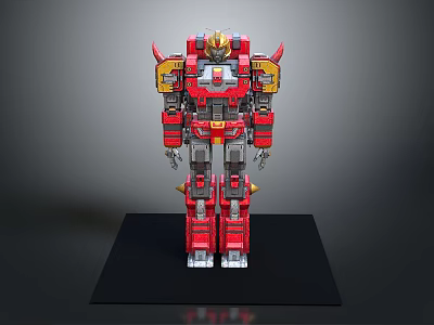 Red And Yellow Detailed Robot Model Standing On Black Base With Mechanical Design 3d model
