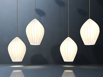 Four White Lantern Pendant Lights With Striped Texture Hanging Over Smooth Surface On Dark Background 3d model