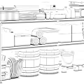 Sturdy Metal Storage Shelf With Wooden Barrels Colorful Boxes Jars And Pallets