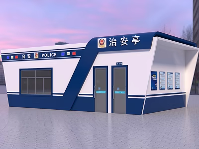 Blue and White Police Booth Exterior With Public Security Logo Doors and Windows Notice Boards 3d model