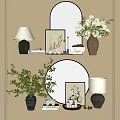 Elegant Decorative Ornament Set With Round Mirror Green Plants Vases And Table Lamp
