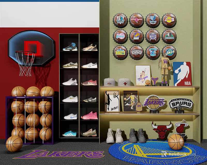 Sports Equipment Display Featuring Basketballs Sneakers Team Logos And Hoop 3d model 