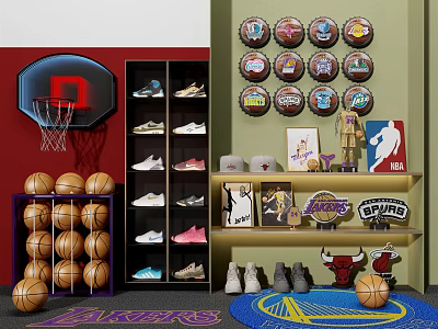 Sports Equipment Display Featuring Basketballs Sneakers Team Logos And Hoop 3d model