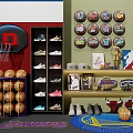 Sports Equipment Display Featuring Basketballs Sneakers Team Logos And Hoop