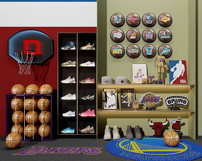 Sports Equipment Display Featuring Basketballs Sneakers Team Logos And Hoop 3d model