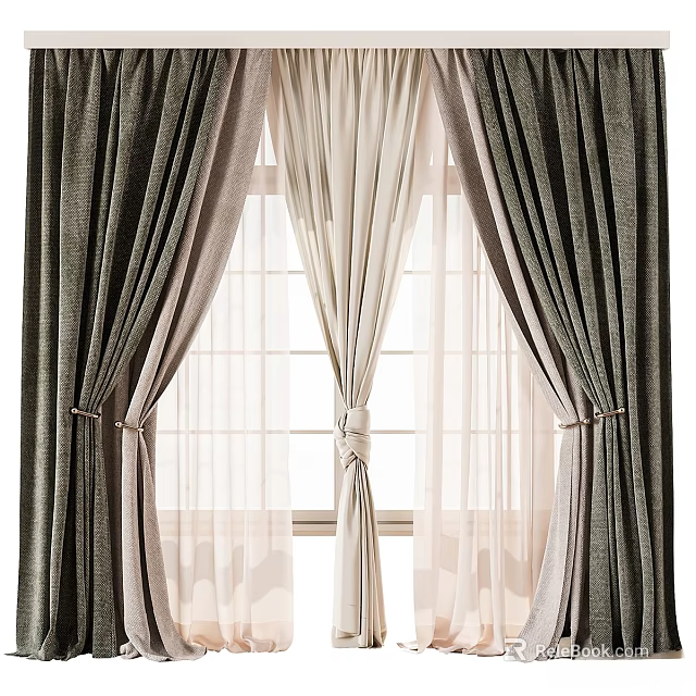 Elegant Double Layer Curtain With Grayish Green Textured Fabric And Beige Sheer Tiebacks 3d model 