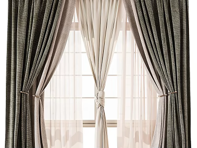 Elegant Double Layer Curtain With Grayish Green Textured Fabric And Beige Sheer Tiebacks 3d model