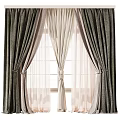 Elegant Double Layer Curtain With Grayish Green Textured Fabric And Beige Sheer Tiebacks