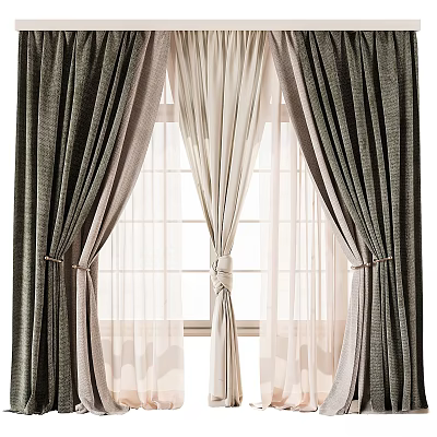 Elegant Double Layer Curtain With Grayish Green Textured Fabric And Beige Sheer Tiebacks 3d model