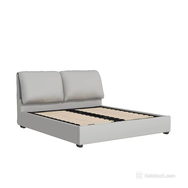 Modern Style Double Bed With Gray Frame Wooden Slat Base And Double Cushioned Headboard 3d model 