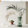 Elegant Decorative Ornament Set With Green Glass Vase Palm Leaves And Pink Fruit Bowl