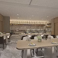 Elegant Modern Restaurant Interior With Wooden Tables Chairs Buffet Counter And Warm Lighting