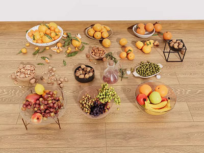 Assorted Fresh Fruits and Nuts in Bowls on Wooden Table Arrangement 3d model