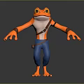 Orange Reptile Character With Blue Pants Brown Straps And Wristbands Standing On Gray Background