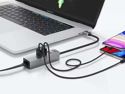 Laptop and Smartphone Connected via Multi Port USB C Hub for Digital Device Charging 3d model