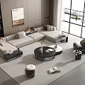 Modern Light Gray Sofa And Coffee Table Set With Floor to Ceiling Windows Scenic View