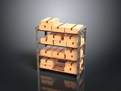 Sturdy Metal Storage Shelf With Stacked Cardboard Boxes On Each Tier 3d model