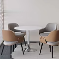 Modern Round White Table Set With Gray Brown Chairs Metal Base Near Window Blinds