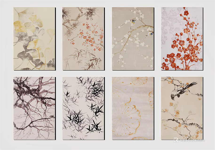 Square Rugs With Floral Branch And Bird Nature Inspired Patterns In Various Colors 3d model 