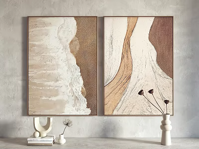 Minimalist Wall Decor With Abstract Paintings Vases And Decorative Items In Beige Brown White Tones 3d model