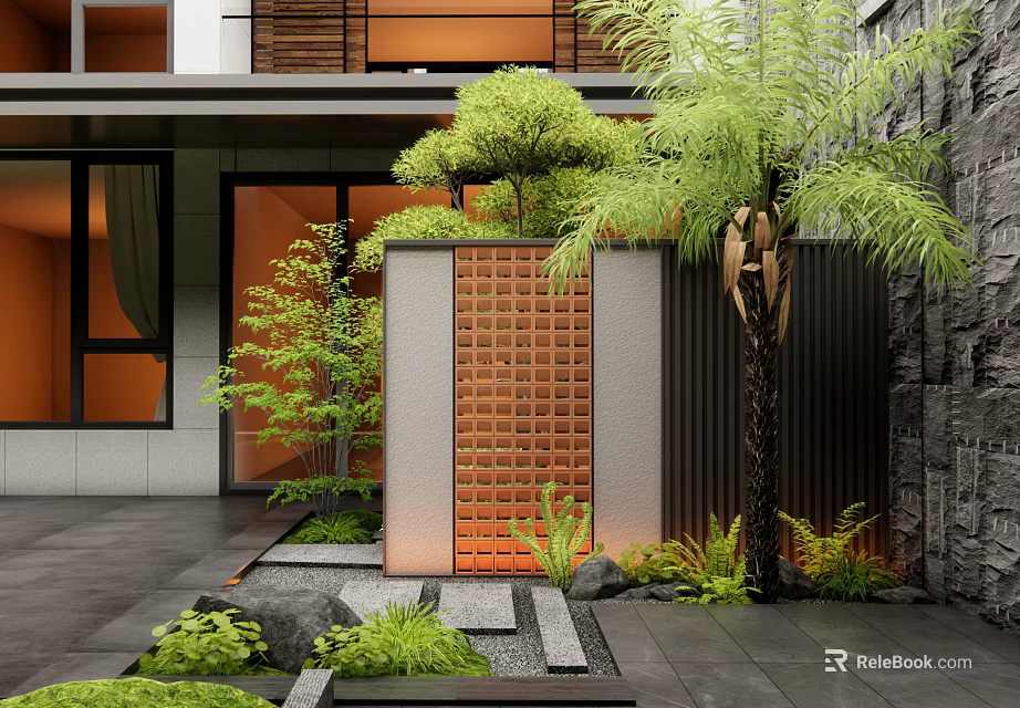 Modern Courtyard Garden With Palm Tree Green Plants Brick Wall Stone Path And Stone Features 3d model 