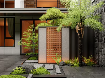 Modern Courtyard Garden With Palm Tree Green Plants Brick Wall Stone Path And Stone Features 3d model