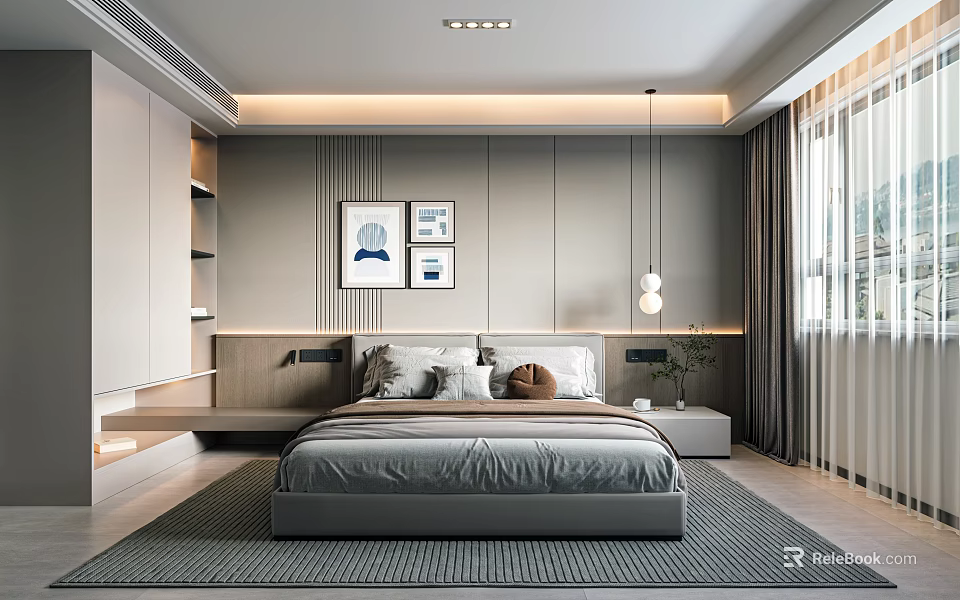 Modern Bedroom Interior Design With Bed Decorative Paintings Ambient Lighting And Rug 3d model 
