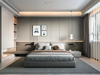 Modern Bedroom Interior Design With Bed Decorative Paintings Ambient Lighting And Rug 3d model