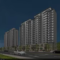 High Rise Residential Building Modern Glass Curtain Wall At Night With Street Cars And Trees