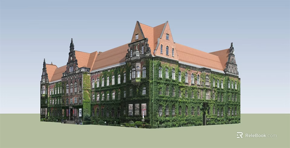Historic Red Brick Building With Green Ivy Covered Walls Orange Roof And Pointed Spires 3d model 