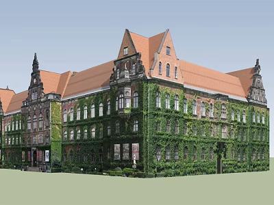 Historic Red Brick Building With Green Ivy Covered Walls Orange Roof And Pointed Spires 3d model