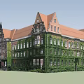 Historic Red Brick Building With Green Ivy Covered Walls Orange Roof And Pointed Spires