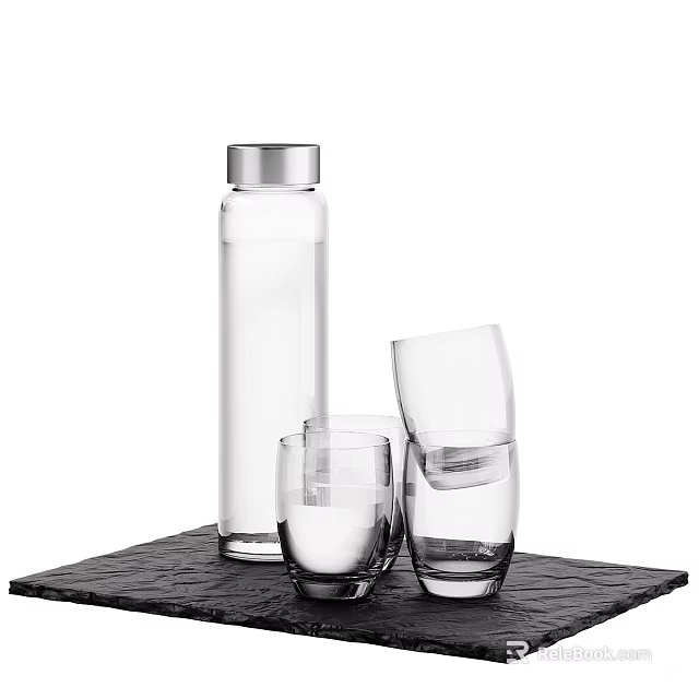 Transparent Glassware Set with Tall Water Bottle and Drinking Cups on Black Slate Tray 3d model 