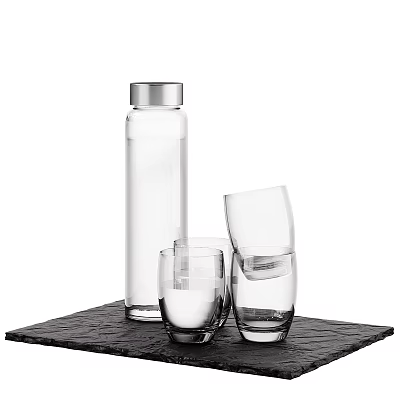 Transparent Glassware Set with Tall Water Bottle and Drinking Cups on Black Slate Tray 3d model